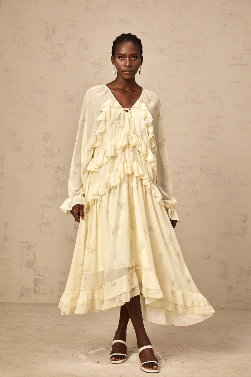 Vestito midi in chiffon con stampa floreale e volant