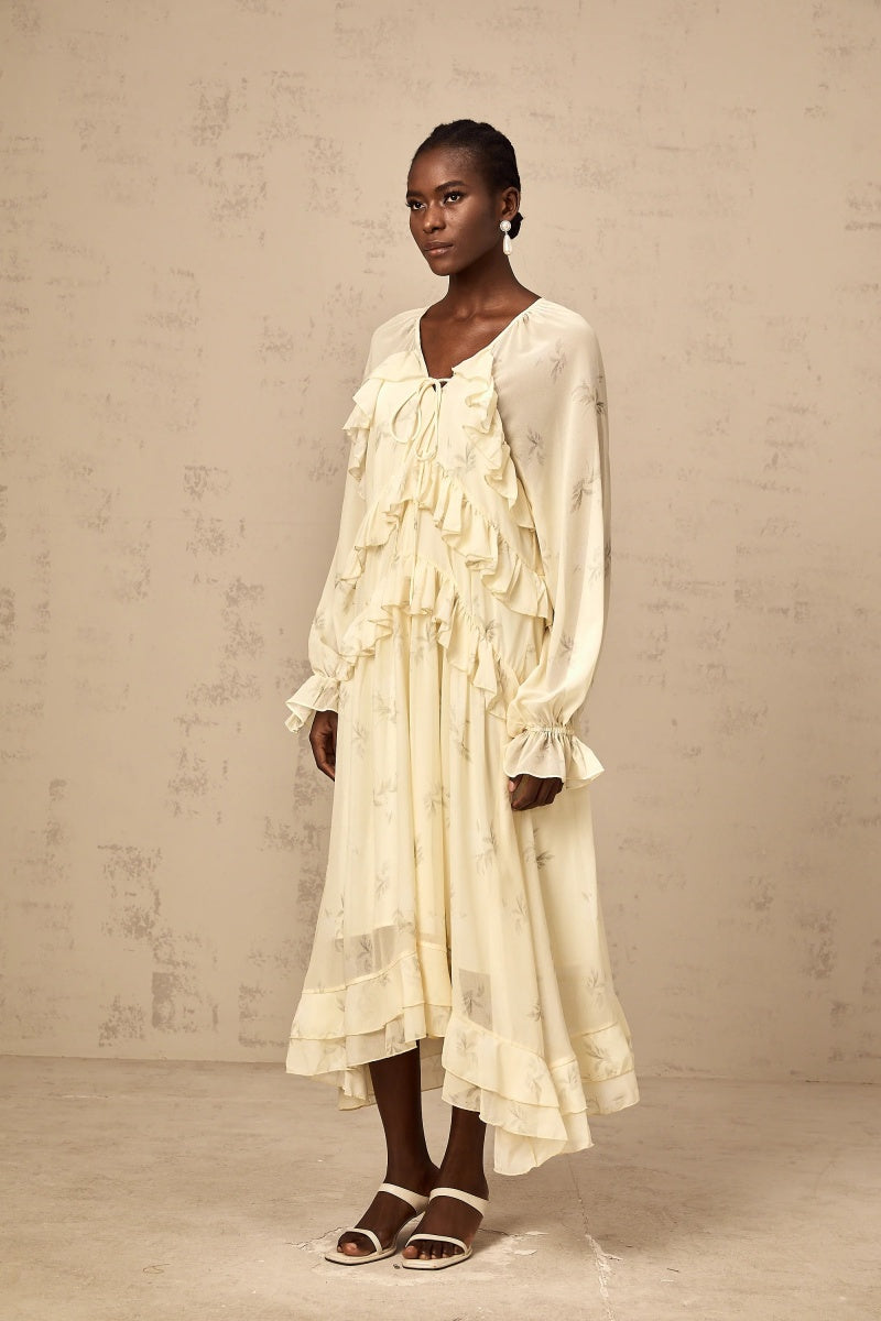 Vestito midi in chiffon con stampa floreale e volant
