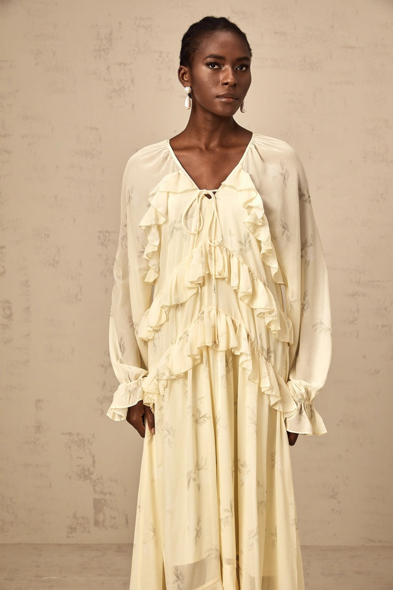 Vestito midi in chiffon con stampa floreale e volant