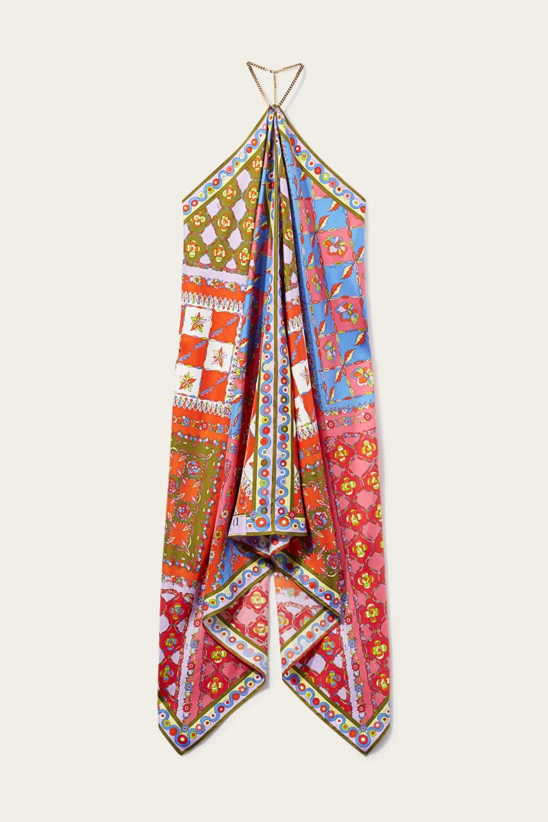 Vestito midi asimmetrico stampato con schiena aperta