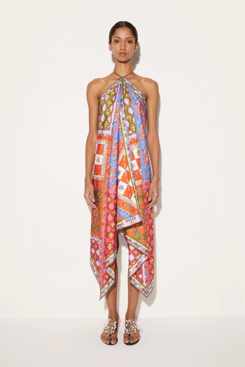 Vestito midi asimmetrico stampato con schiena aperta