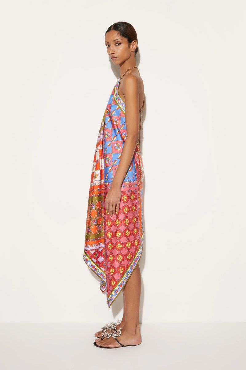 Vestito midi asimmetrico stampato con schiena aperta
