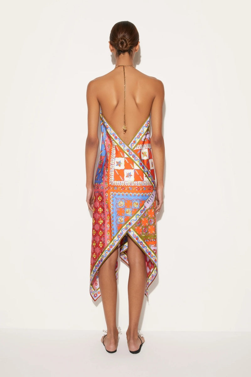 Vestito midi asimmetrico stampato con schiena aperta