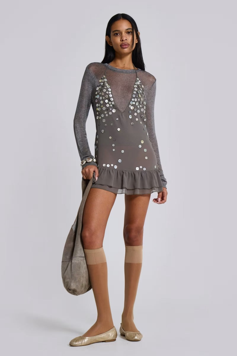Vestito Mini con Spalle Demicolle con Perline e Paillettes
