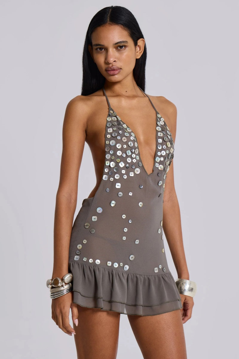 Vestito Mini con Spalle Demicolle con Perline e Paillettes