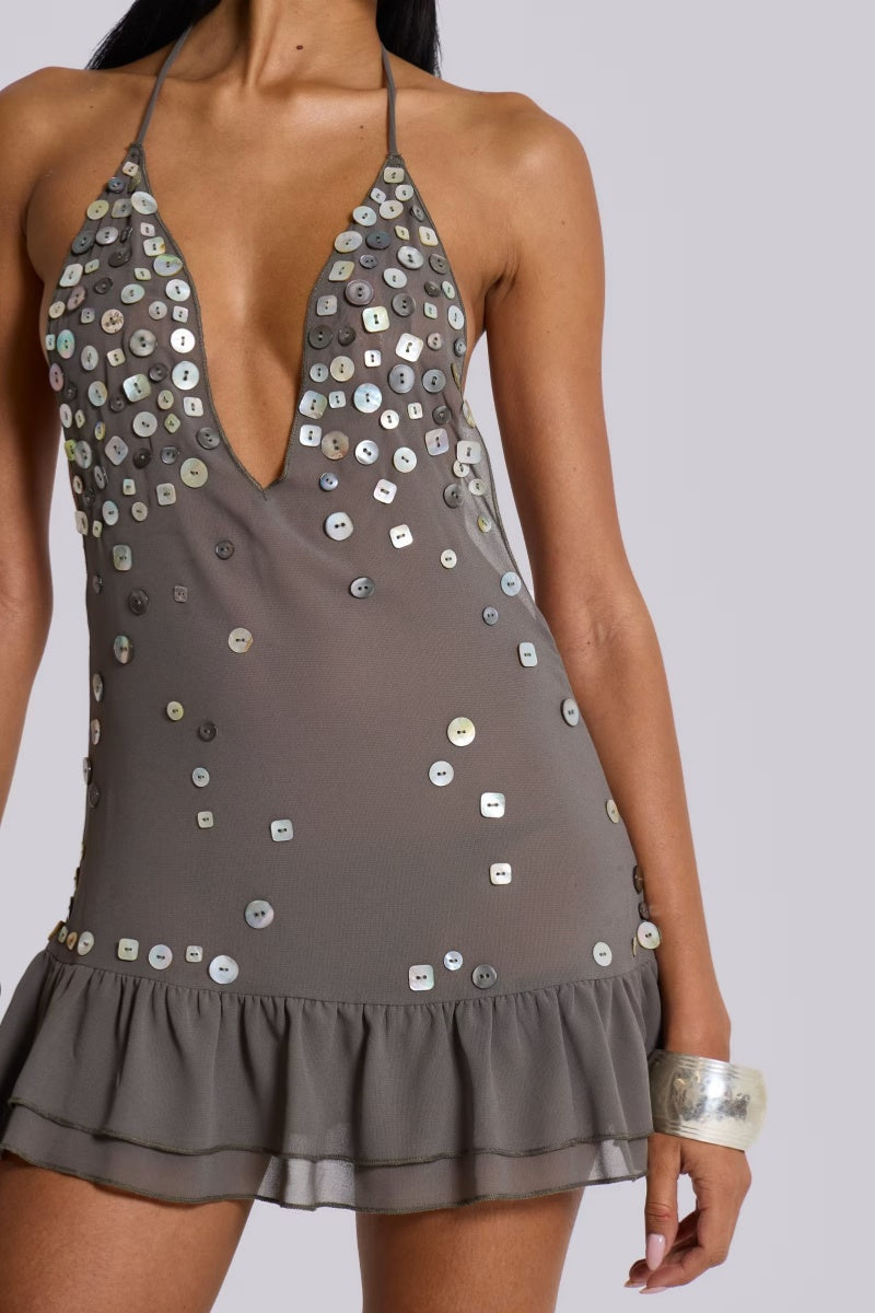 Vestito Mini con Spalle Demicolle con Perline e Paillettes