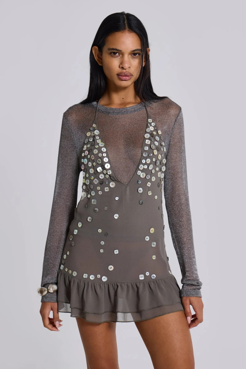 Vestito Mini con Spalle Demicolle con Perline e Paillettes