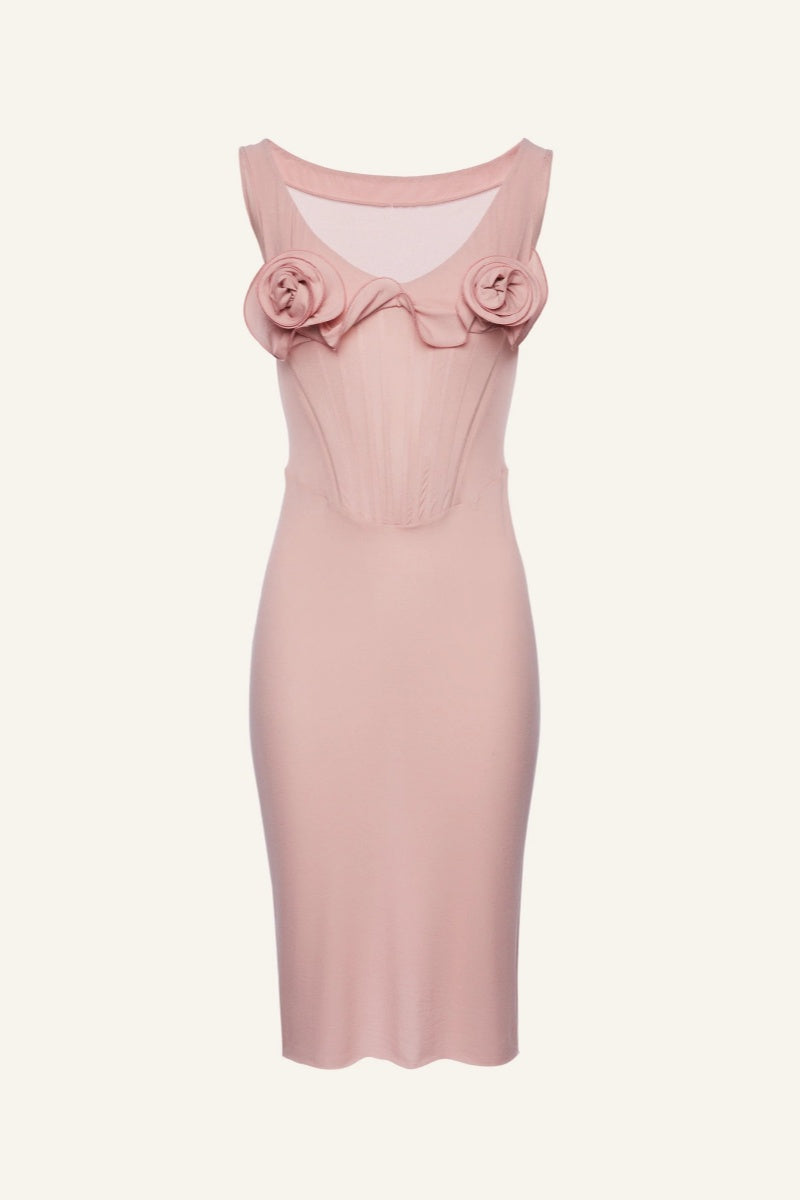 Vestito Midi Bustier con Fiori Rosa