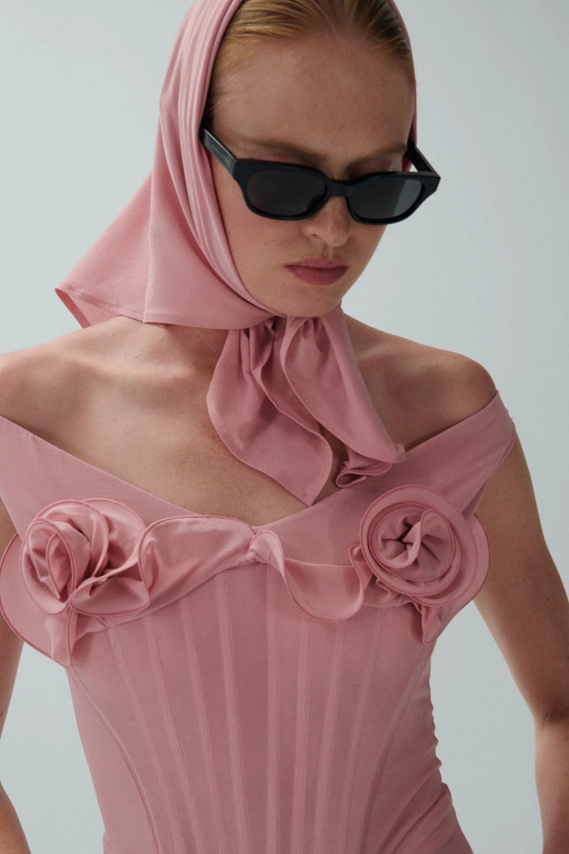 Vestito Midi Bustier con Fiori Rosa