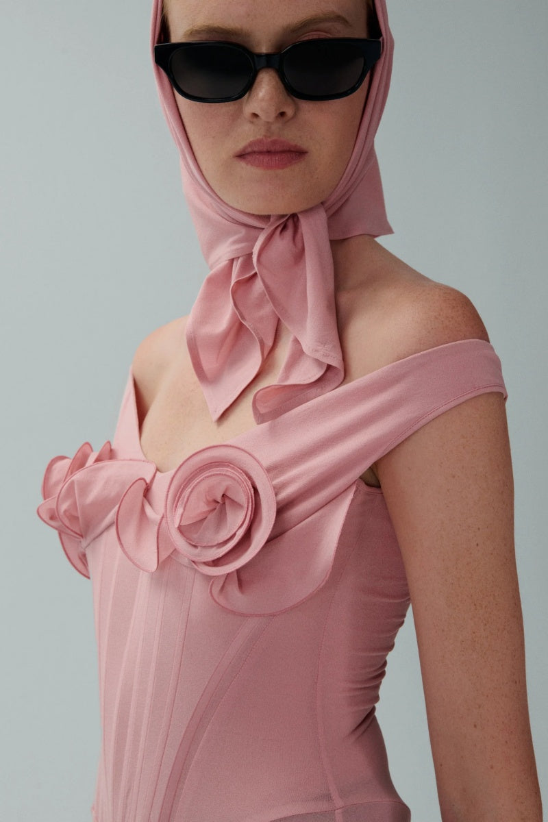 Vestito Midi Bustier con Fiori Rosa