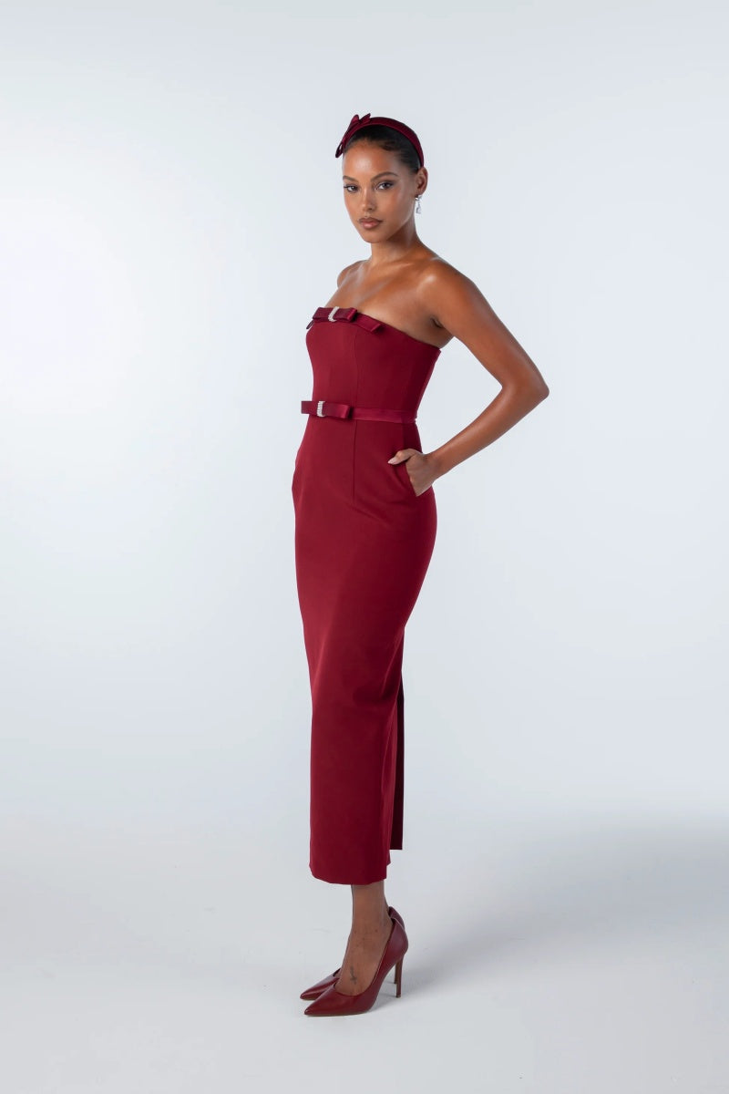 Vestito midi senza spalline con fiocco