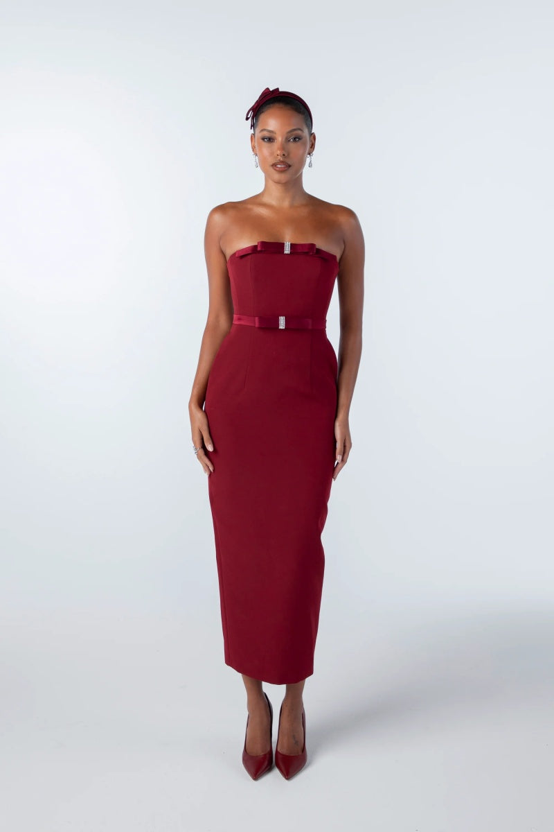 Vestito midi senza spalline con fiocco
