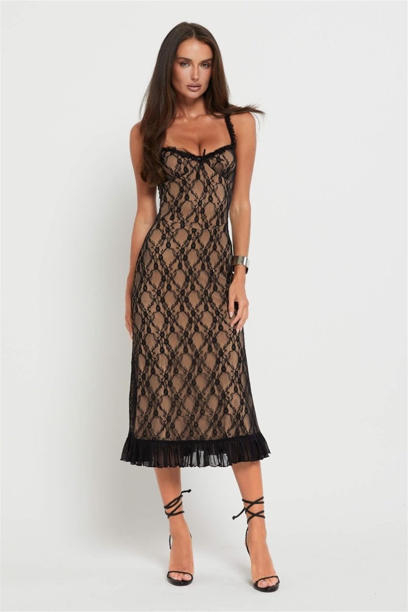 Vestito lungo maxi con pizzo floreale e volant