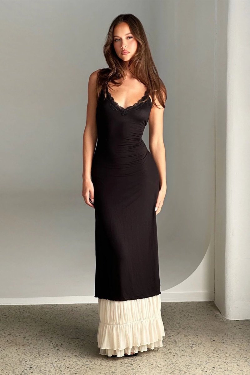 Vestito lungo max con scollo a V Irene e merletto