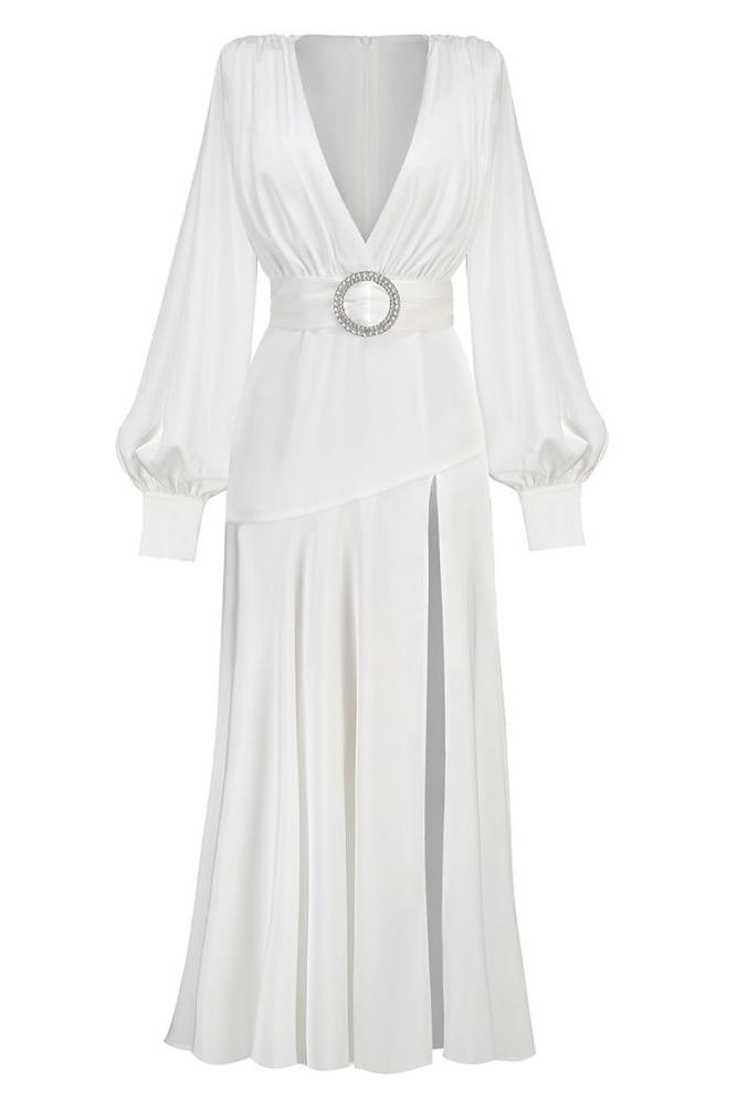 Vestito lungo maxi con scollo a V, cintura e spacchi di Phoebe