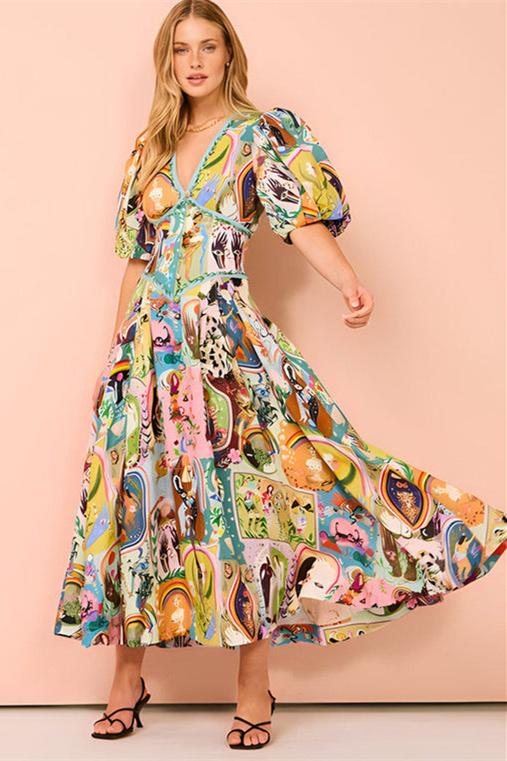 Vestito midi con scollo a V e maniche a sbuffo Juliana