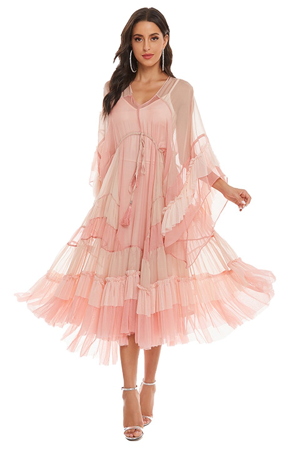 Vestito lungo midi in mesh a gradiente rosa Katie