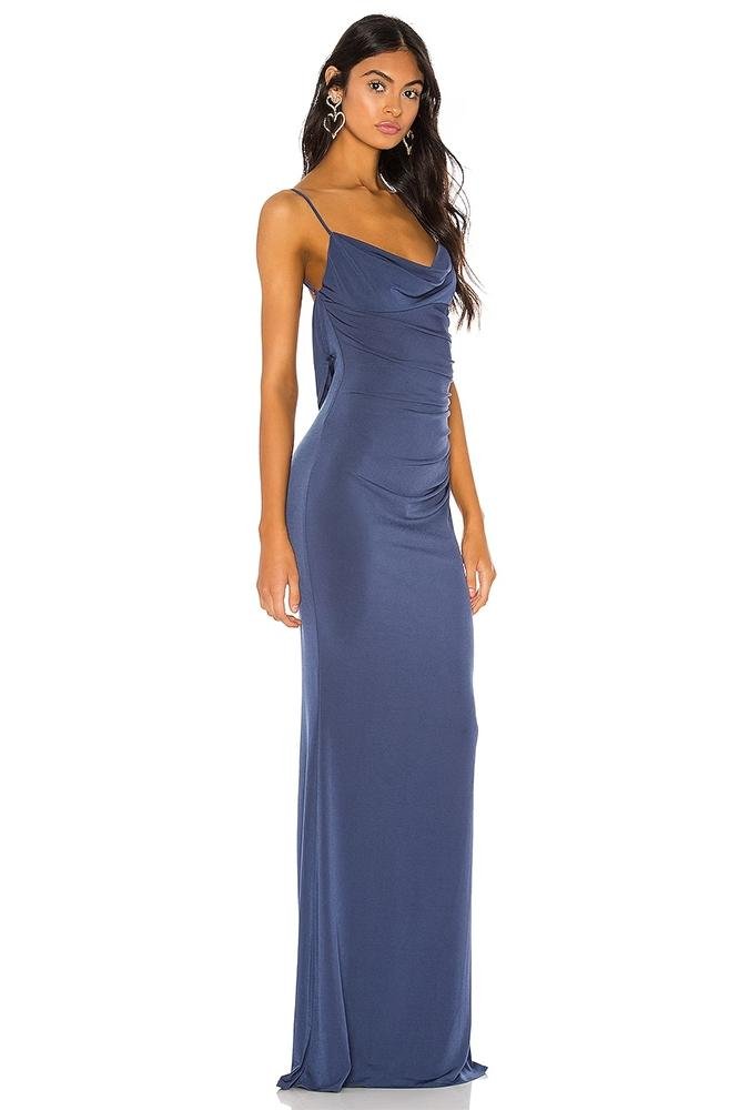Vestito lungo senza schiena con collo a chiffon di pizzo Lila