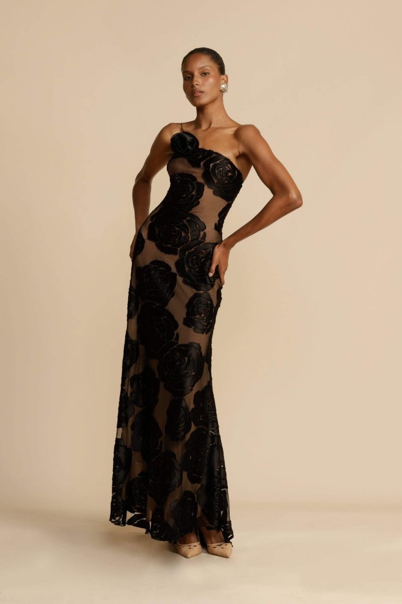 Vestito lungo modello maxi con stampa floreale e una spalla sola Lindsay