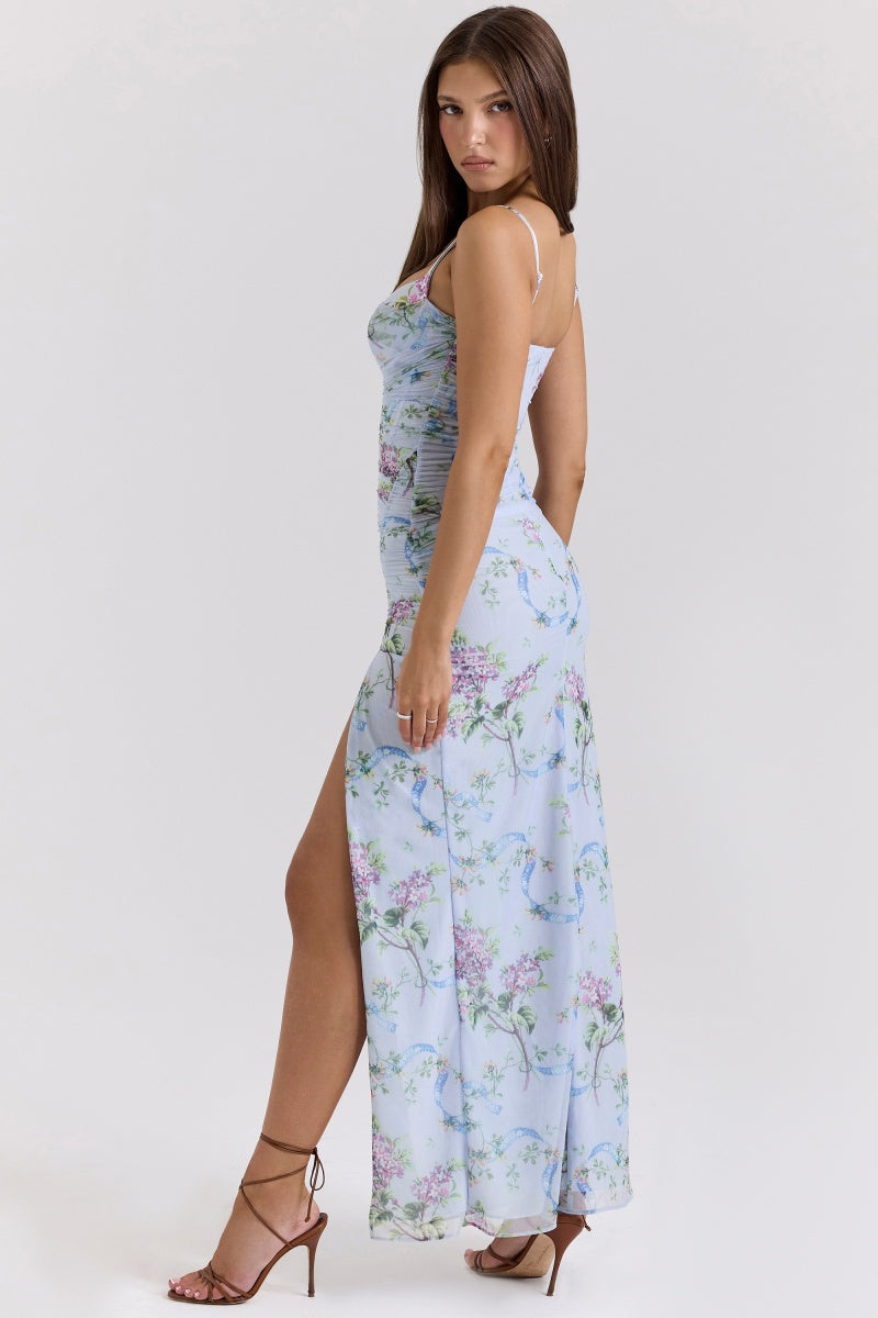 Vestito Midi a Fiori Blu con Spacco