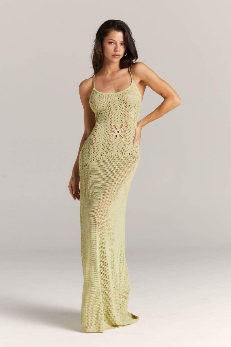 Vestito maxilungo in crochet con fiori Marjorie con taglio laser