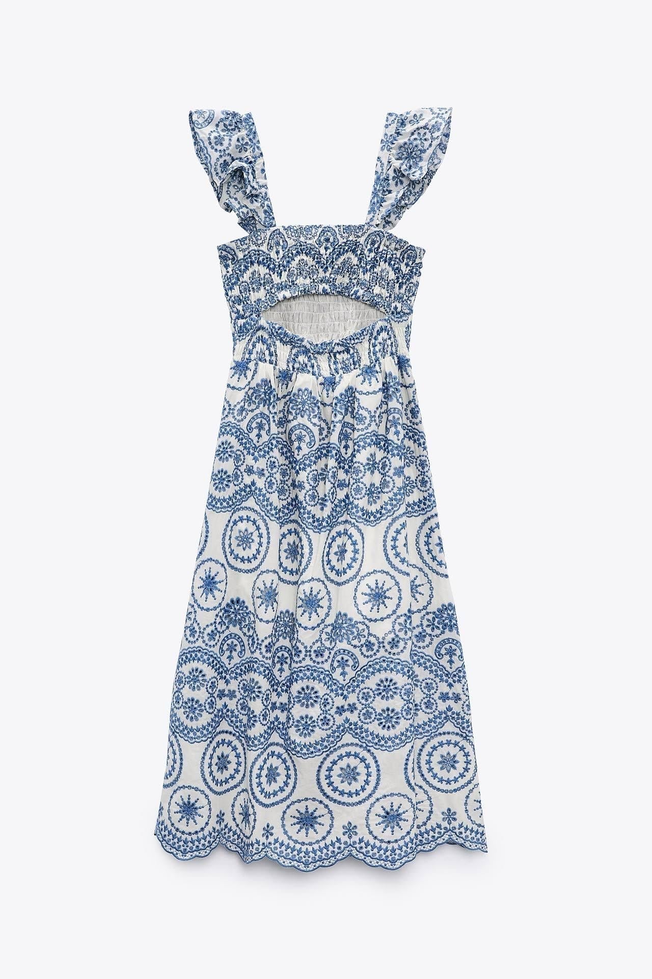 Vestito Midi con Corpetto Ricamato in Pizzo e Smock