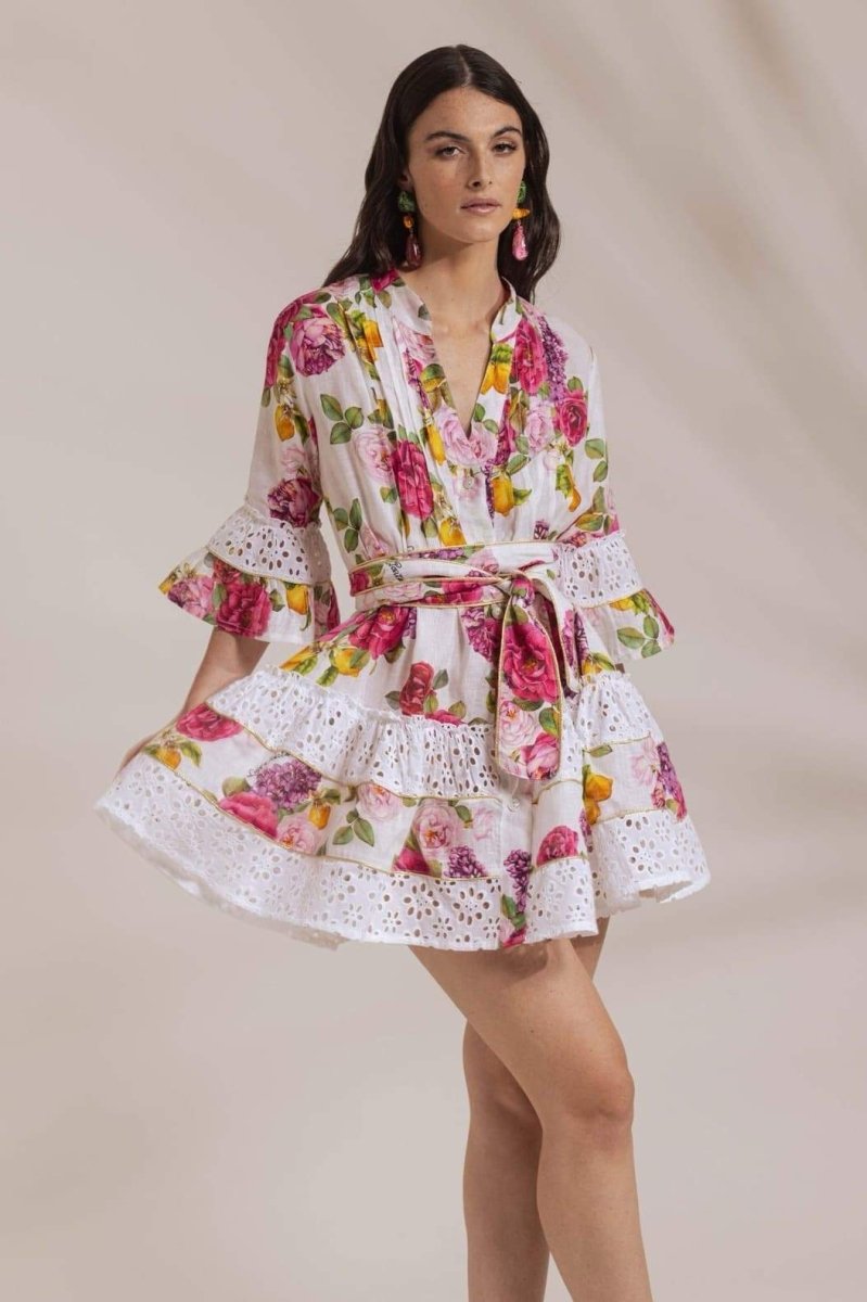 Vestito Mini a Ruche in Pizzo Stampato Melissa