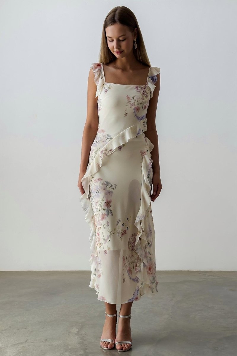 Vestito Midi a Spacco con Bordi a Pieghe Naomi Floral Cami