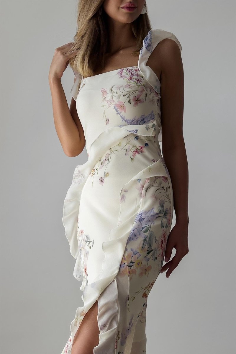 Vestito Midi a Spacco con Bordi a Pieghe Naomi Floral Cami