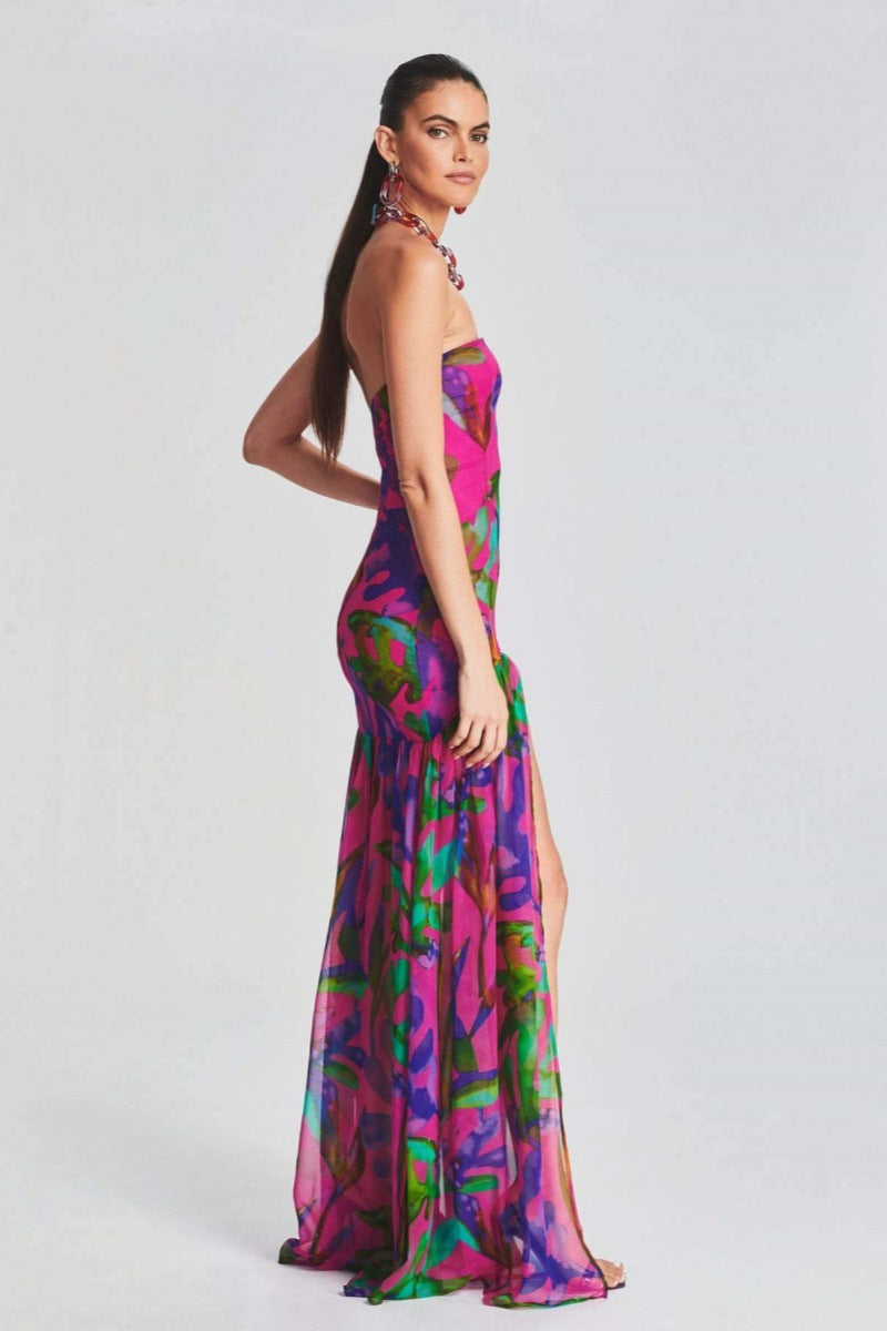 Vestito lungo maxi senza spalline Pam con stampa e foro slit