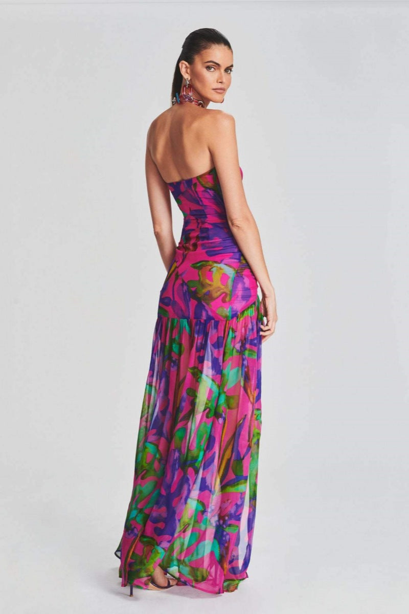 Vestito lungo maxi senza spalline Pam con stampa e foro slit