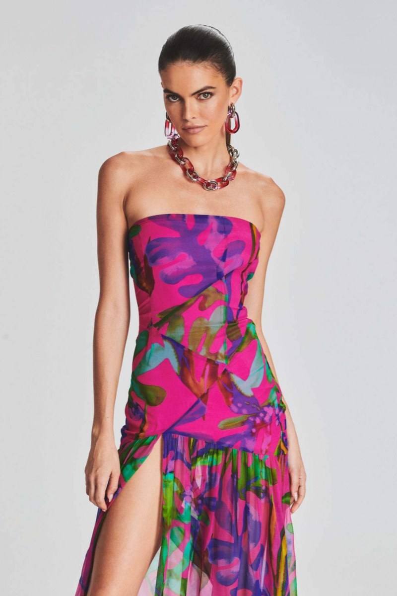 Vestito lungo maxi senza spalline Pam con stampa e foro slit