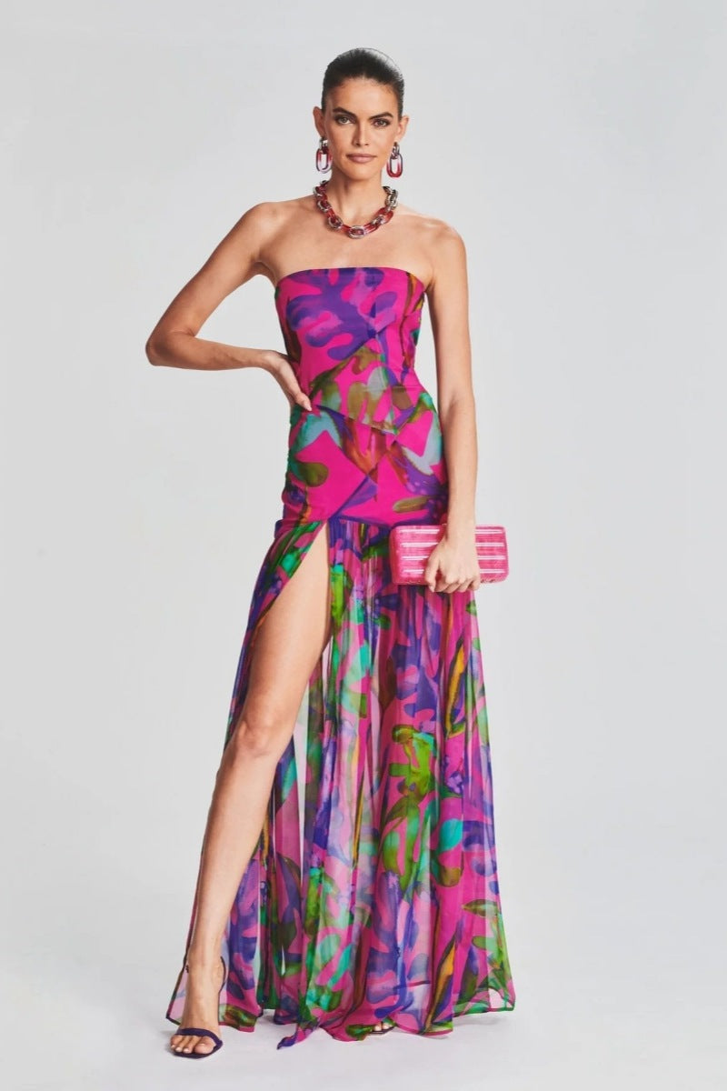 Vestito lungo maxi senza spalline Pam con stampa e foro slit