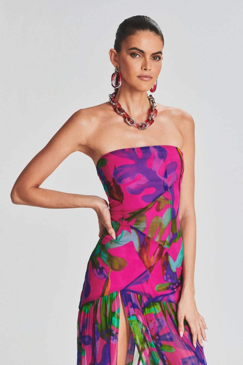 Vestito lungo maxi senza spalline Pam con stampa e foro slit