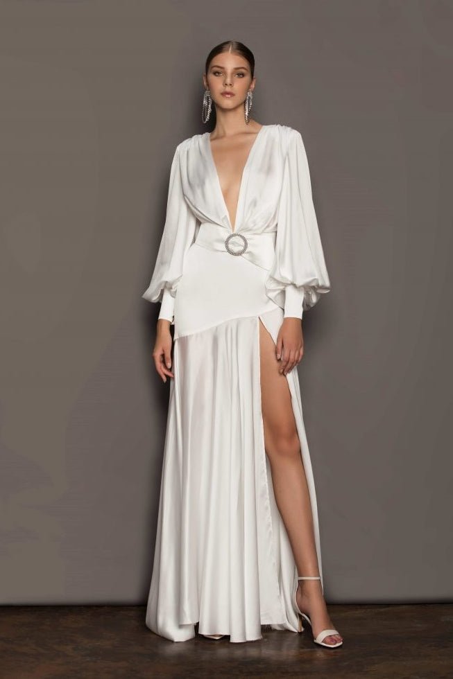 Vestito lungo maxi con scollo a V, cintura e spacchi di Phoebe