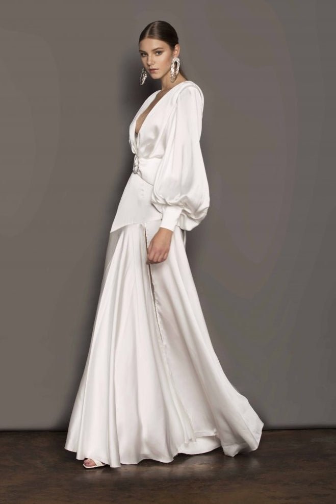 Vestito lungo maxi con scollo a V, cintura e spacchi di Phoebe