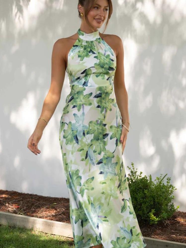 Vestito midi in raso stampato con scollo a halterneck e senza schiena