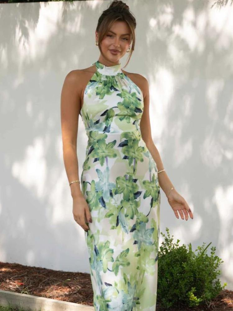 Vestito midi in raso stampato con scollo a halterneck e senza schiena