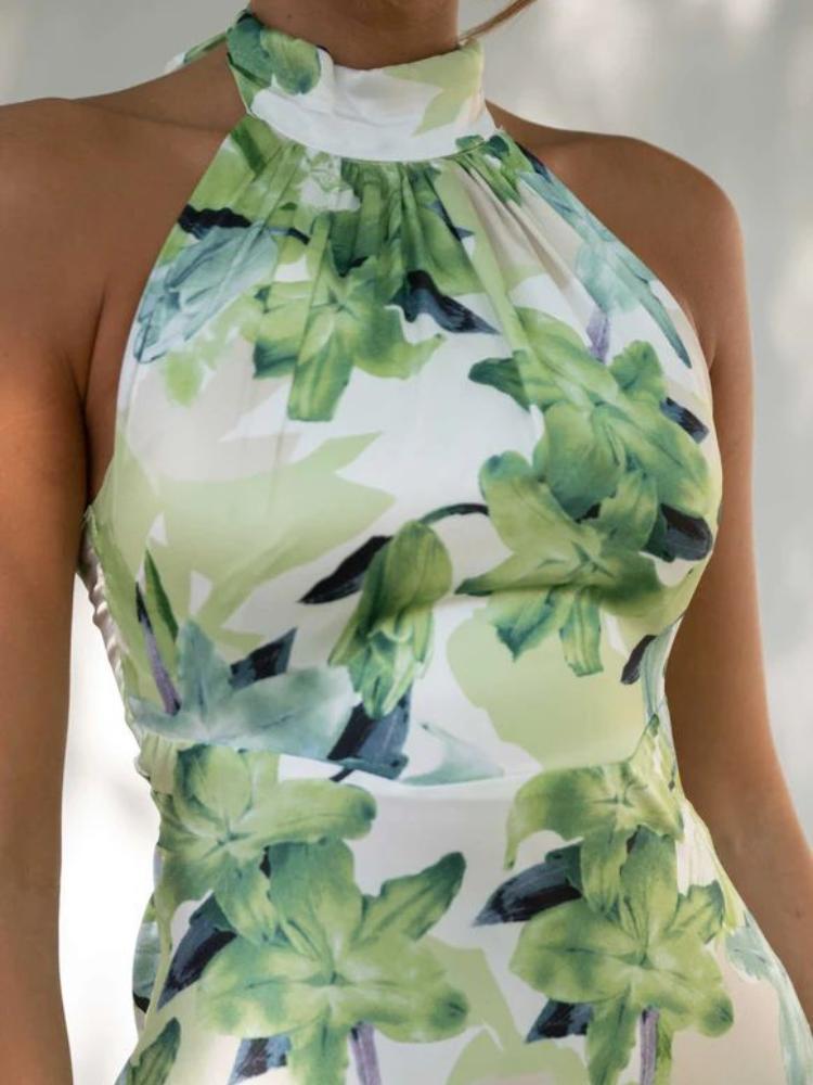 Vestito midi in raso stampato con scollo a halterneck e senza schiena