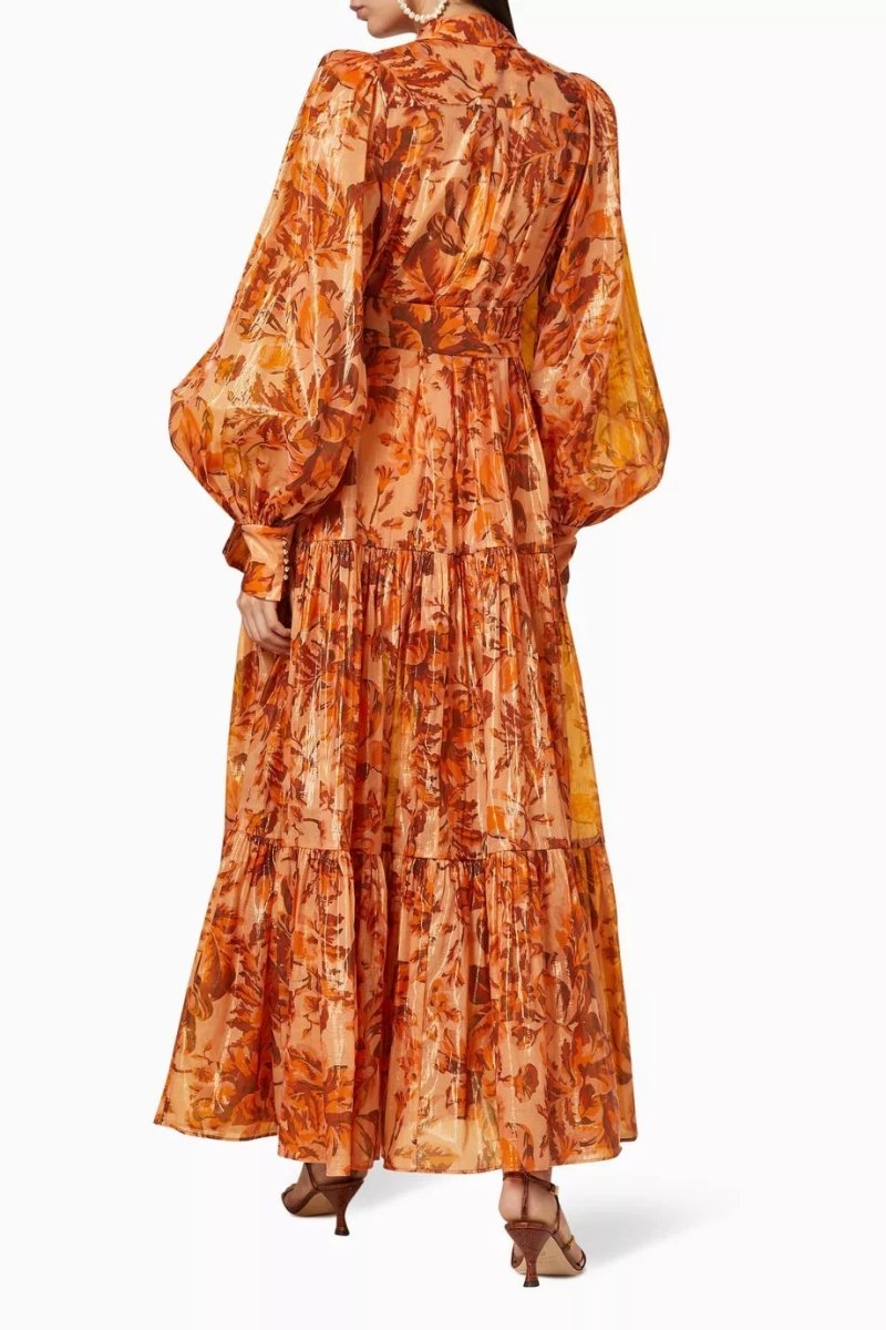Vestito lungo Queena con maniche a palloncino e stampa