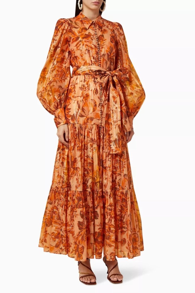 Vestito lungo Queena con maniche a palloncino e stampa