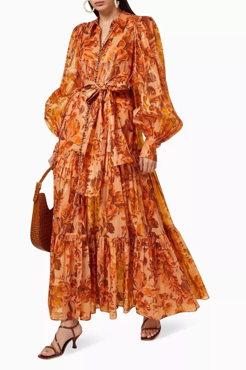 Vestito lungo Queena con maniche a palloncino e stampa