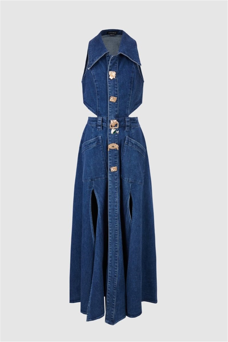 Vestito lungo in denim con colletto a revers e decorazioni a foratura