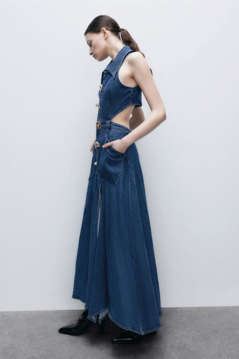 Vestito lungo in denim con colletto a revers e decorazioni a foratura