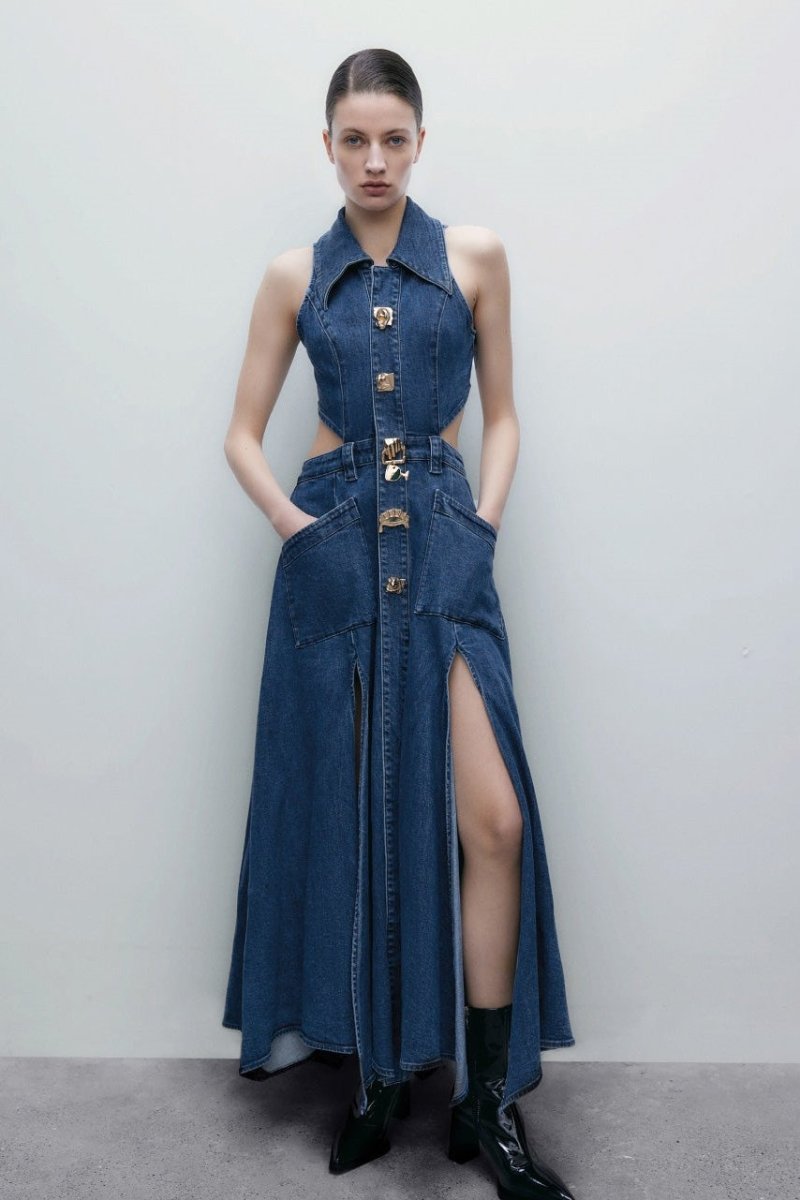 Vestito lungo in denim con colletto a revers e decorazioni a foratura