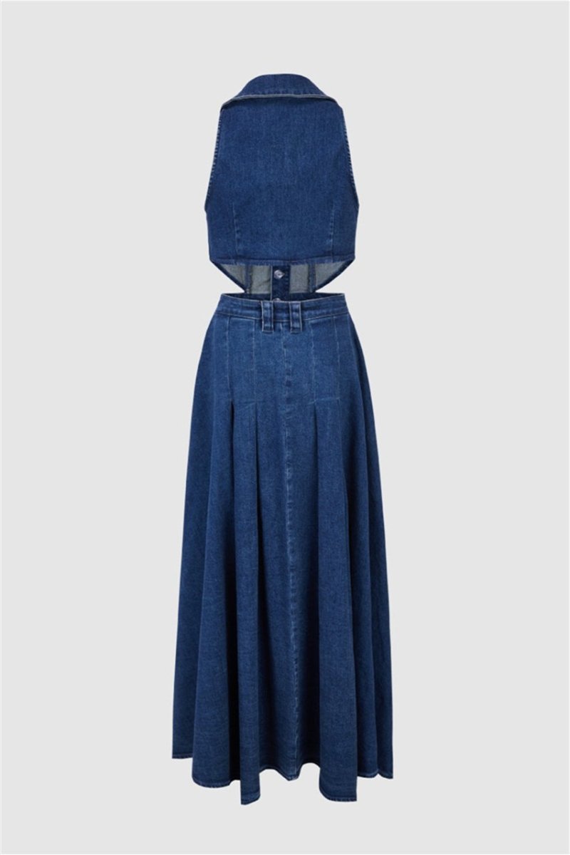 Vestito lungo in denim con colletto a revers e decorazioni a foratura