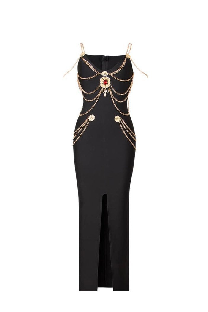 Vestito Midi con Decorazione in Metallo e Scollo a V
