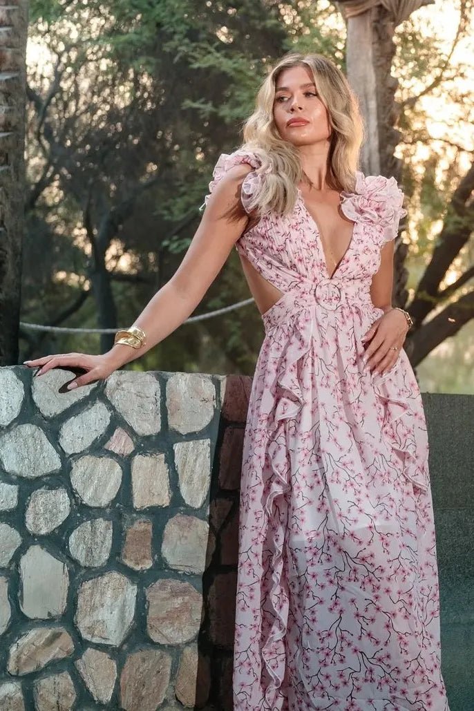 Vestito lungo floreale Suzanne con taglio e stampa
