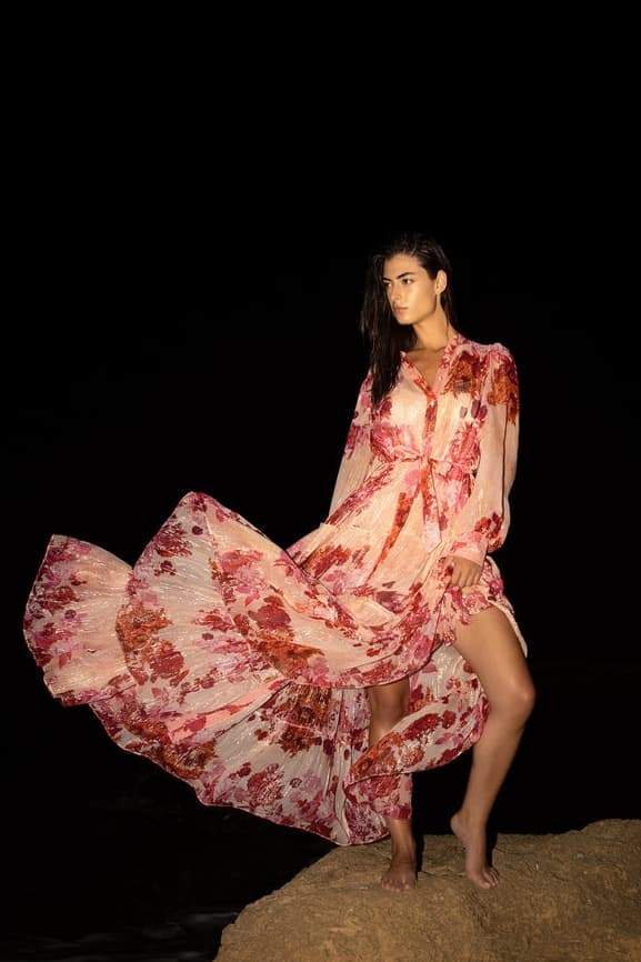 Vestito lungo floreale Sylvia con maniche lunghe