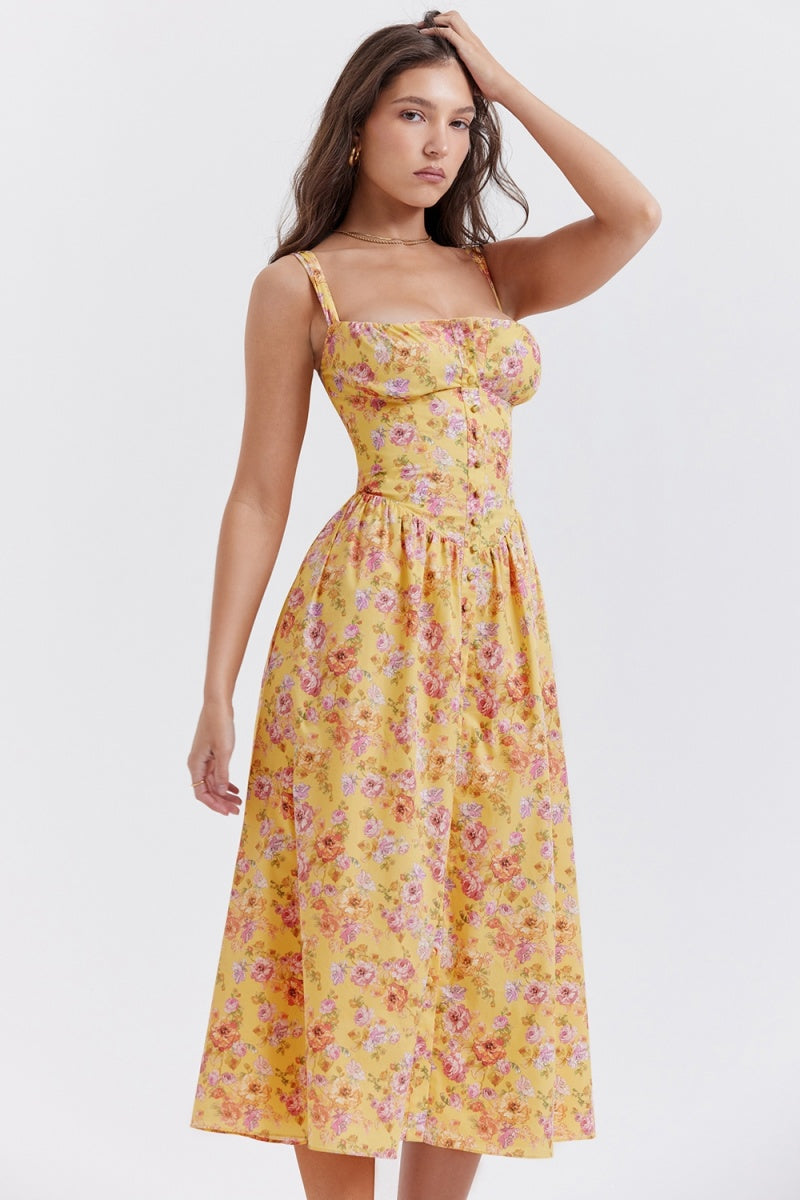 Vestito midi giallo con stampa floreale Tatiana